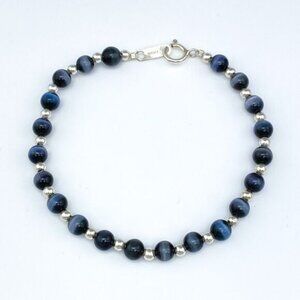 New Women's Sterling Silver 925 Black Synthetic Cat's Eye Beaded Bracelet 7.25"